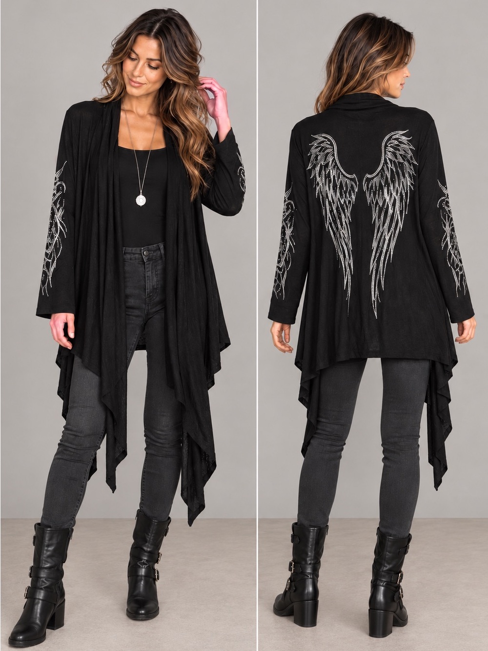 RARE Black Rhinestone Angel Wing Draped Cardigan Sz M /L Y2K Whimsigoth VTG